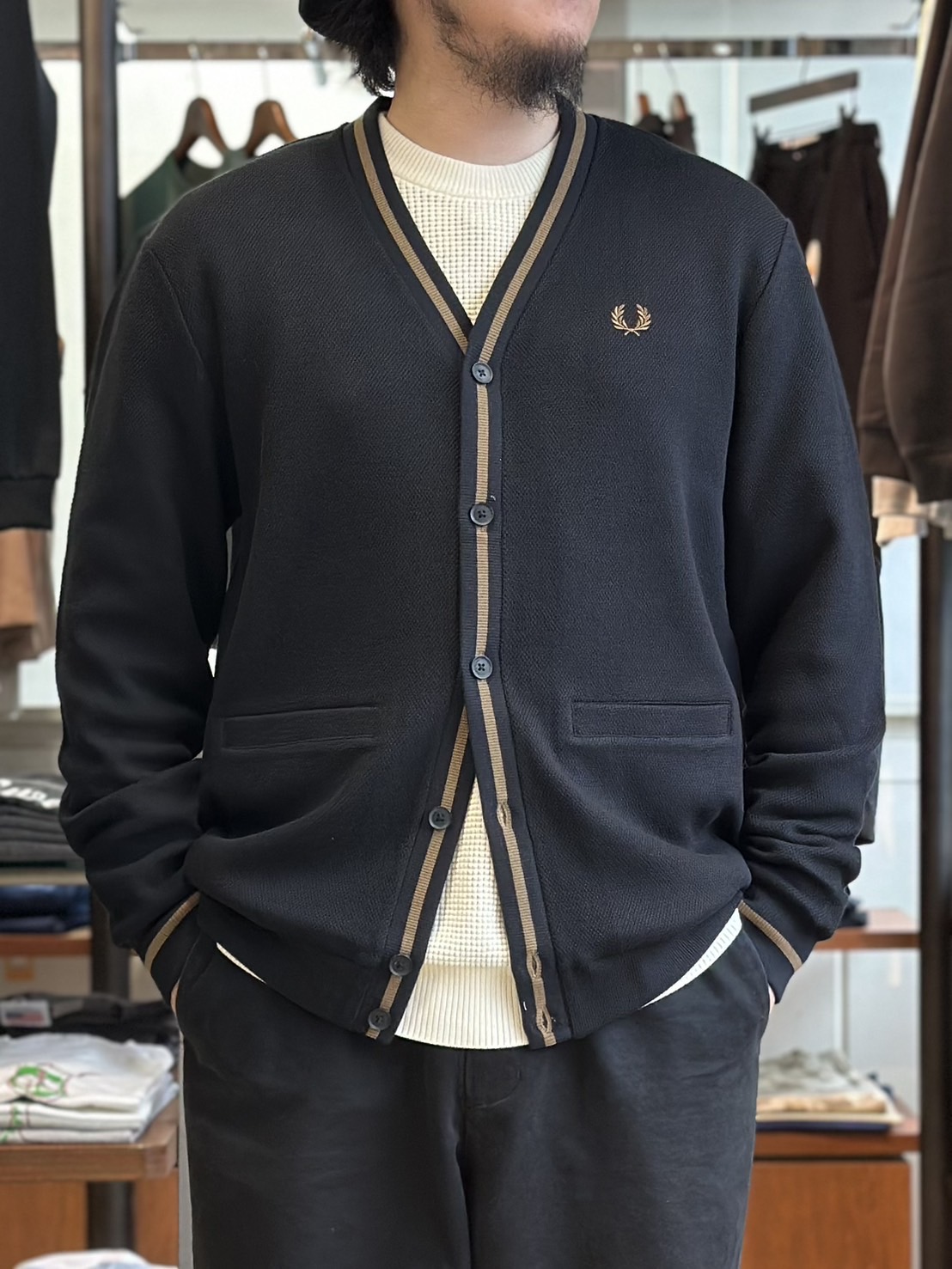 Fred Perry(フレッドペリー) カーディガン Tipped Pique Texture Cardigan(S Q27：BLACK / SHADED STONE